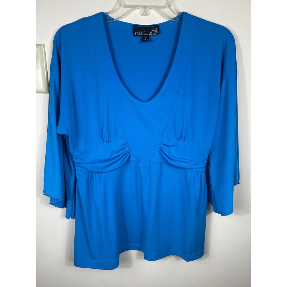 Y2K Babydoll Top Blue Ruched Empire Waist Women's S Fairy Flowy CSC Studio‎ USA